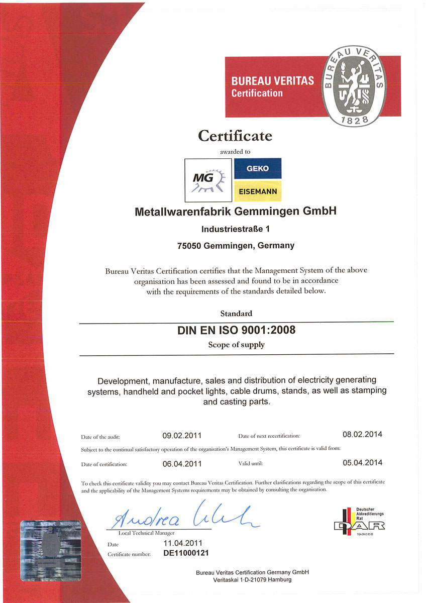 Сертификат Geko & Eisemann ISO 9001 : 2008