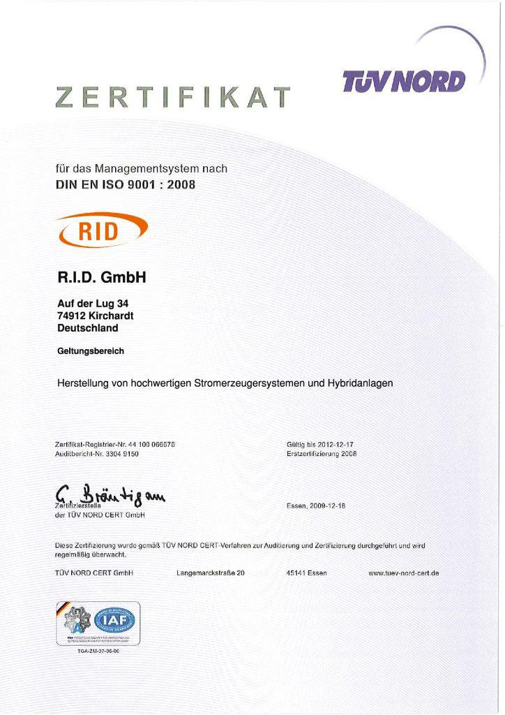 Сертификат R.I.D. ISO 9001 : 2008